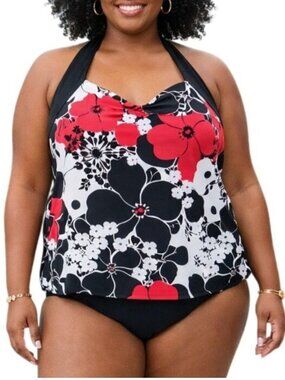Cherokee Plus Size 16W Tankini Top Adjustable Tie Halter Black Floral Print